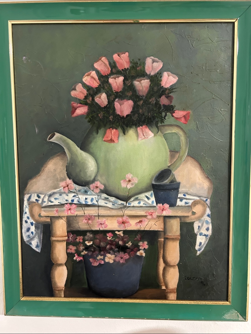 Still Life Floral Painting in Green with Pink Blooms